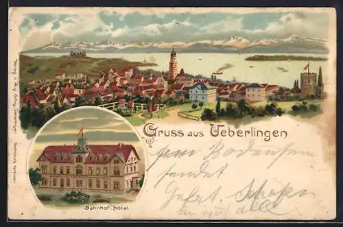 Lithographie Ueberlingen, Bahnhof-Hotel, Ortspanorama mit Gebirgskette