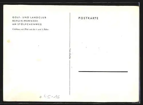 AK Berlin-Wannsee, Golf- und Landclub Berlin-Wannsee am Stölpchenweg, Clubhaus mit Blick auf die 1. und 3. Bahn