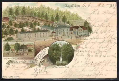 Lithographie Berlin-Tegel, Restaurant Humboldt-Park v. G. Triller, Humboldt-Grab, Pferdekutsche