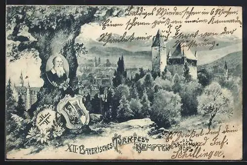 Künstler-AK Kempten / Allgäu, XII. Bayerisches Turnfest, Teilansicht mit Schloss, Portrait von Turnvater Jahn