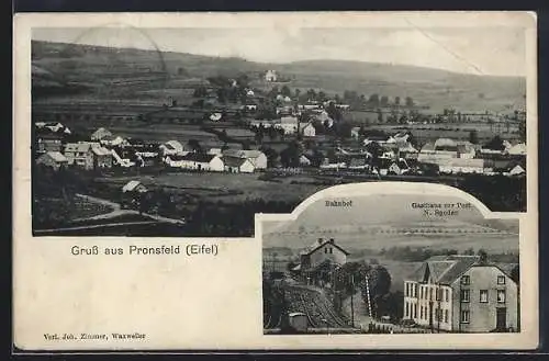 AK Pronsfeld /Eifel, Gasthaus zur Post mit Bahnhof, Teilansicht