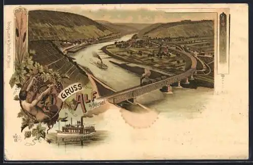 Lithographie Alf a. Mosel, Panorama mit Brücke, Dampfer