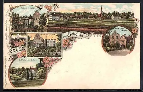 Lithographie Schönau / Eggenfelden, Das Schloss aus verschiedenen Perspektiven, Ortsansicht