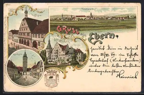 Lithographie Ebern, Rathaus, Strassenpartie am Grauturm, Schloss Eyrichshof, Totalansicht