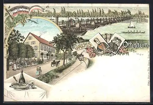 Lithographie Ottenheim, Gasthaus zur Rheinbrücke, Bootsanleger