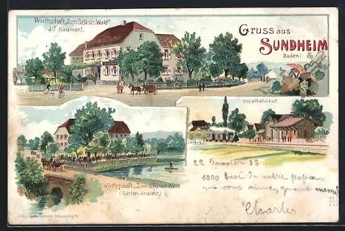 Lithographie Sundheim, Gasthaus zum grünen Wald, Bes. J. Baumert, Bahnhof, Eisenbahn, Pferdekutsche