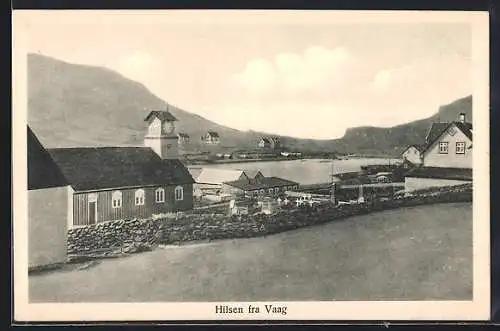 AK Vaag /Färöer, Ortspartie mit Kirche