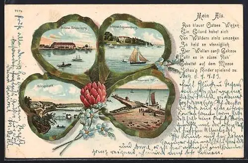 Passepartout-Lithographie Sonderburg, Schloss Augustenburg, Mummark Fähre, Alsenlied