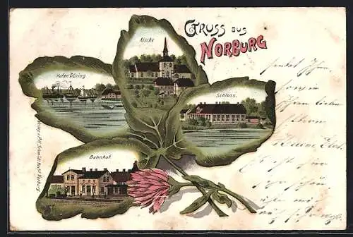 Lithographie Norburg, Bahnhof, Kirche, Schloss, Hafen Düring, Ansichten auf Glücksklee