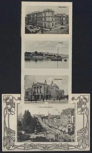 Leporello-AK Christiania, Carl Johansgade, Frimurerlogen, Universitetet, Akershus, Jugendstil-Rahmen