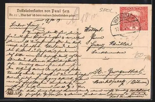 Künstler-AK P. Hey, Volksliederkarte Nr.: 55, Was hab ich denn meinem Feinsliebchen getan?