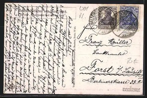 Künstler-AK P. Hey, Volksliederkarte Nr.: 33, Was kommt dort von der Höh, Postkutsche, Leute im Gasthaus