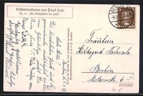 Künstler-AK P. Hey, Volksliederkarte Nr.: 52, Ein Sträusschen am Hute, Mann wandert