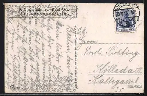 Künstler-AK P. Hey, Volksliederkarte Nr.: 33, Was kommt dort von der Höh, Postkutsche, Leute im Gasthaus