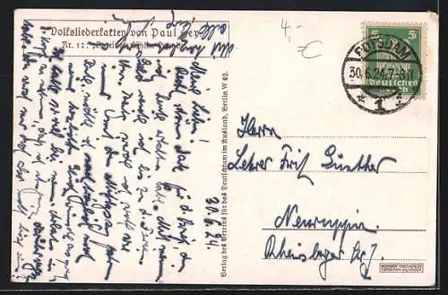 Künstler-AK P. Hey: Volksliederkarte Nr. 12, In einem kühlen Grunde, Mann am Fluss
