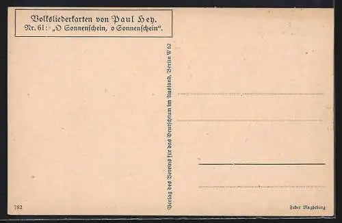 Künstler-AK P. Hey, Volksliederkarte Nr. 61: O Sonnenschein, o Sonnenschein, junge Frauen laufen vor Mann entlang