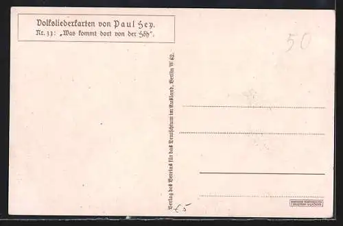 Künstler-AK P. Hey, Volksliederkarte Nr.: 33, Was kommt dort von der Höh, Postkutsche, Leute im Gasthaus