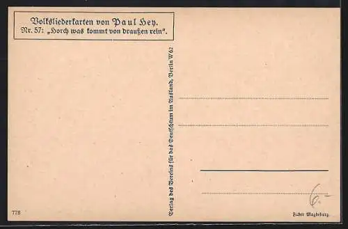 Künstler-AK P. Hey, Volksliederkarte Nr.57: Horsch was kommt von draussen rein, Handwerker sieht eine Frau durchs Fenster