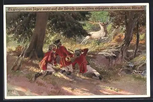 Künstler-AK Paul Hey: Volksliederkarte Nr. 25: Drei Jäger beobachten einen weissen Hirsch
