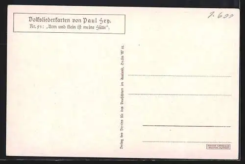 Künstler-AK P. Hey, Volksliederkarte Nr.: 91, Arm und klein ist meine Hütte, Familie im Garten