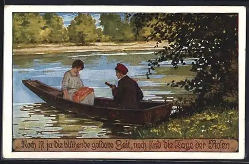 Künstler-AK Ernst Kutzer: Paar sitzt im Sommer in einem Ruderboot