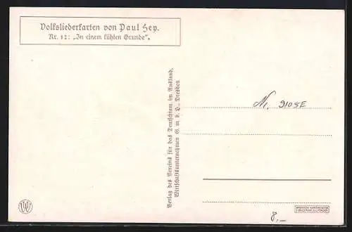 Künstler-AK P. Hey: Volksliederkarte Nr. 12, In einem kühlen Grunde, Mann am Fluss