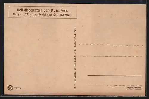 Künstler-AK P. Hey, Volksliederkarte Nr.: 51, Was frag ich viel nach Geld und Gut, Familie im Garten