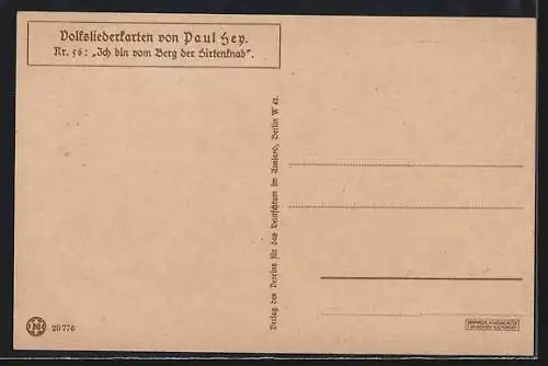 Künstler-AK P. Hey, Volksliederkarte Nr. 56: Hirtenjunge blickt auf ein Tal, weidende Kühe