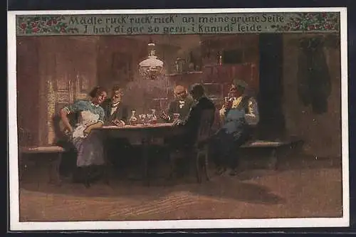 Künstler-AK P. Hey, Volksliederkarte Nr.: 67, Mädle, ruck ruck ruck an meine grüne Seite