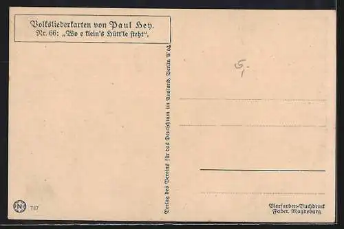 Künstler-AK P. Hey, Volksliederkarte Nr.: 66, Wo e kleins Hüttle steht, Liebelei am Zaun