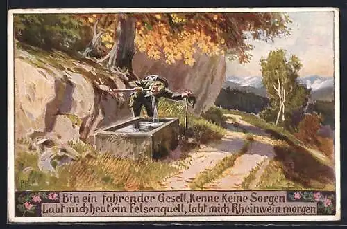 Künstler-AK Paul Hey: Volksliederkarte Nr. 81: Bin eine fahrender Gesell..., Mann am Brunnen