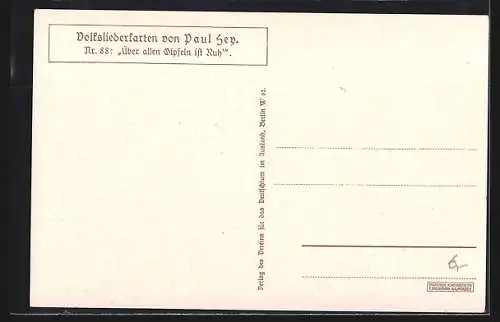 Künstler-AK P. Hey, Volksliederkarte Nr.: 88, Über allen Gipfeln ist Ruh