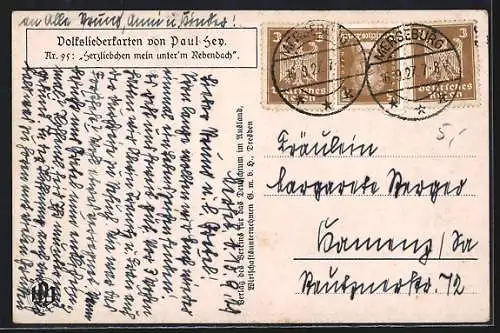Künstler-AK P. Hey, Volksliederkarte Nr.: 95, Herzliebchen, mein unter'm Rebendach
