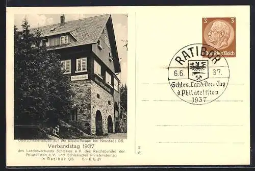 AK Ratibor, Verbandstag der Philatelisten 1937, Oberschlesierbaude auf der Bischofskoppe, Ganzsache