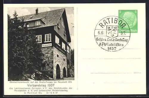 AK Ratibor, Verbandstag der Philatelisten 1937, Oberschlesierbaude auf der Bischofskoppe, Ganzsache