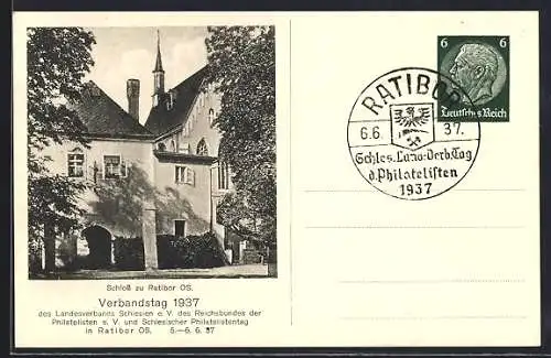 AK Ratibor, Verbandstag und Schlesischer Philatelistentag 1937, Blick auf das Schloss, Ganzsache