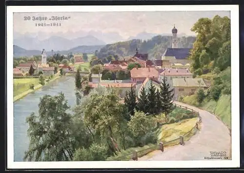 Künstler-AK Richard Wagner: Wolfratshausen /Isartal, Blick auf die Loisach und die Bayer. Alpen, Ganzsache