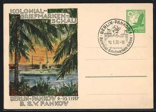 Künstler-AK Berlin-Pankow, Kolonial-Briefmarkenschau 1937, Dampfer, Ganzsache