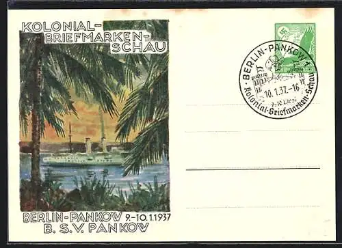 Künstler-AK Berlin-Pankow, Kolonial-Briefmarkenschau 1937, Dampfer, Ganzsache
