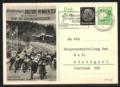 AK Stuttgart, Internationales Solitude-Rennen 1937, Motorräder beim Start, Ganzsache