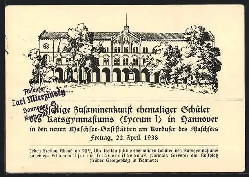 AK Hannover, Zusammenkunft ehem. Schüler des Ratsgymnasiums 1938, Maschsee-Gaststätte, Ganzsache