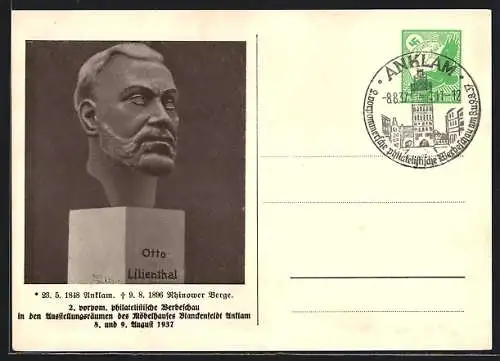 AK Anklam, 2. vorpom. Philatelistische Werbeschau 1937, Denkmal Otto Lilienthal, Ganzsache