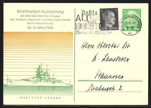 AK Berlin-Marienfelde, Briefmarken-Ausstellung 1940, Kriegsschiff auf See, Ganzsache