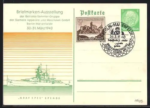 AK Berlin-Marienfelde, Briefmarken-Ausstellung 1940, Kriegsschiff auf See, Ganzsache