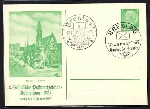 AK Breslau, 6. Schlesische Postwertzeichen-Ausstellung 1937, Rathaus, Ganzsache