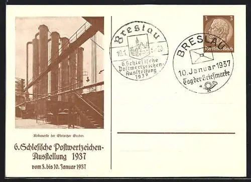 AK Breslau, 6. Schlesische Postwertzeichen-Ausstellung 1937, Kokswerke der Gleiwitzer Grube, Ganzsache