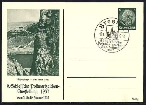 AK Breslau, 6. Schlesische Postwertzeichen-Ausstellung 1937, Blick auf den Kleinen Teich, Ganzsache