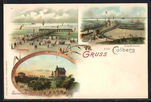 Lithographie Colberg, Waldenfels-Schanze, Seesteg und die Moolen