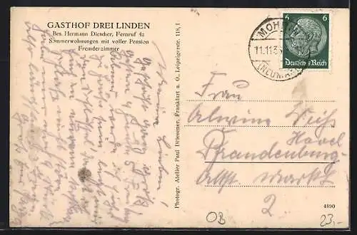 AK Mohrin /Nn., Gasthof Drei Linden, Bes. Hermann Diescher