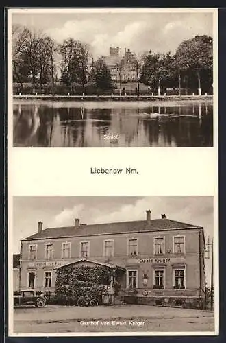 AK Liebenow /Nm., Gasthof zur Post, Bes. Ewald Krüger, Blick zum Schloss